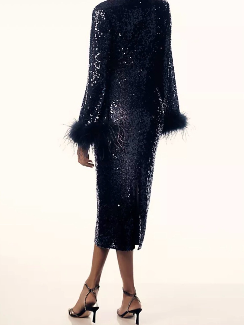 Anthropologie Black Sequin Midi Dress with Feather Trim